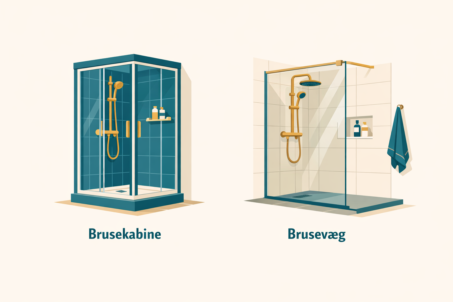Sammenligning af brusekabine og brusevæg i badeværelse