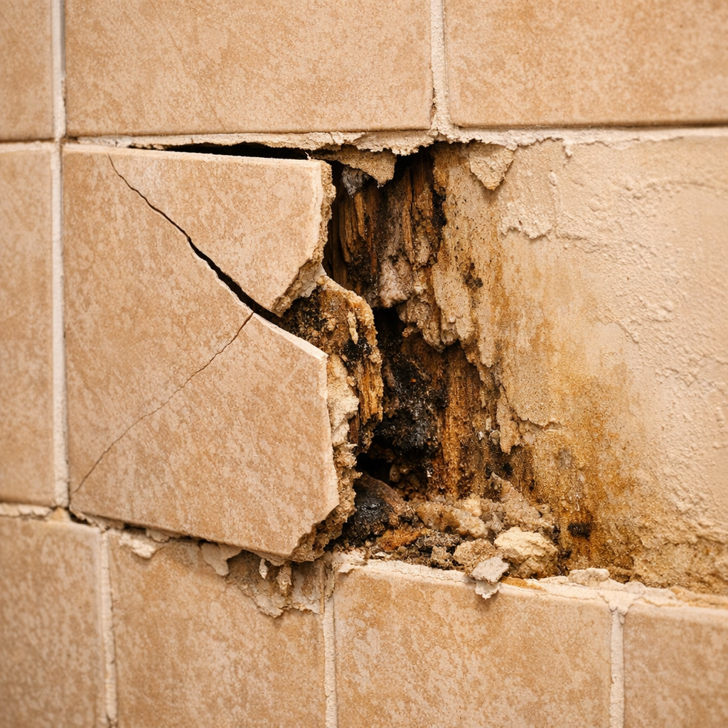 Revnede fliser og vandskade i badeværelse som eksempel på typiske fejl