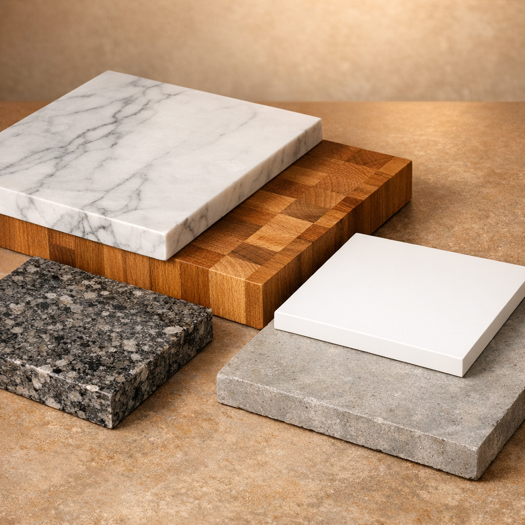 Materialeprøver til køkken med bordplader og fronter i forskellige typer