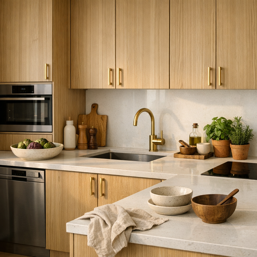 Nyt køkken under renovering med synlige elementer og bordplade