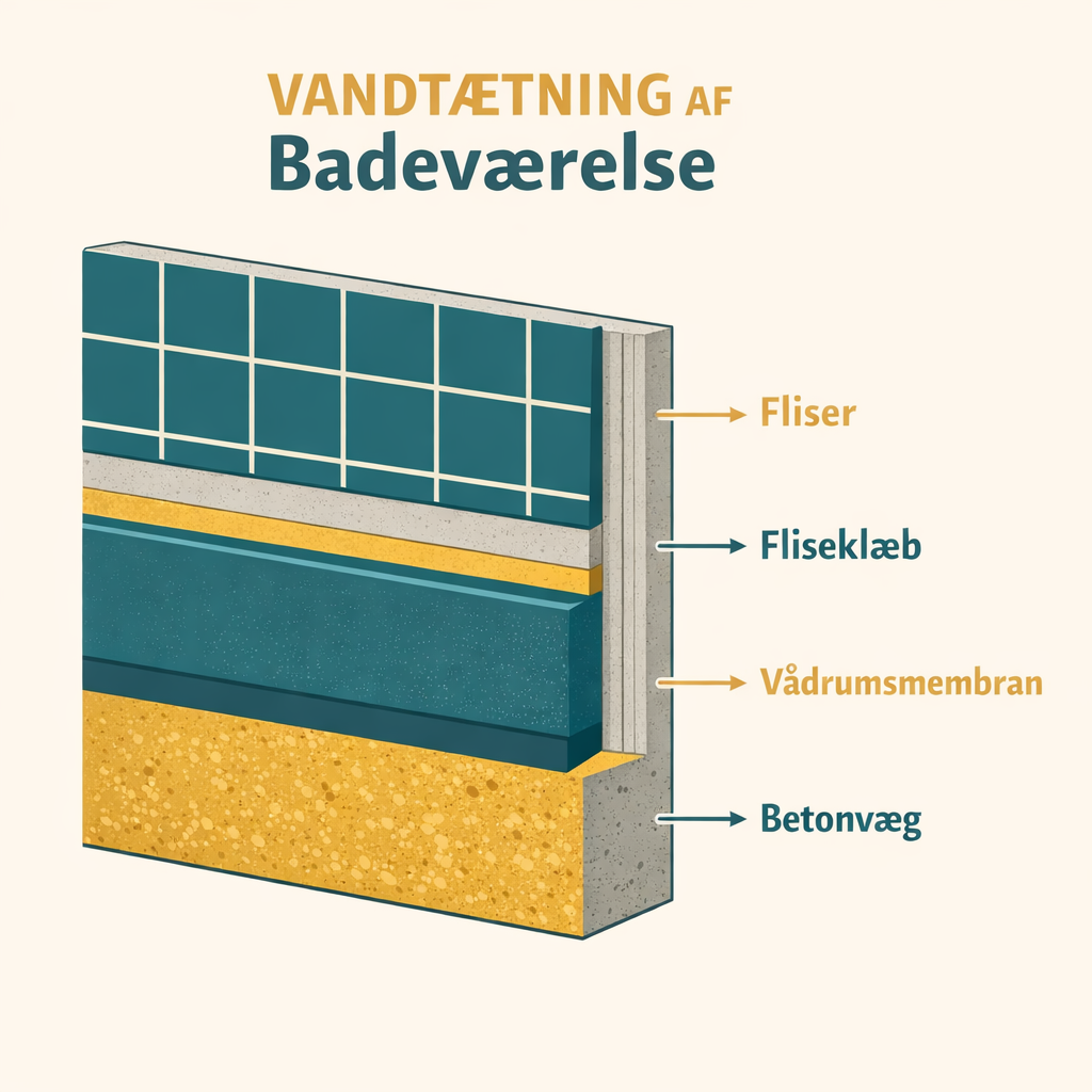 Diagram over vådrumssikring med zoner og krav i dansk badeværelse
