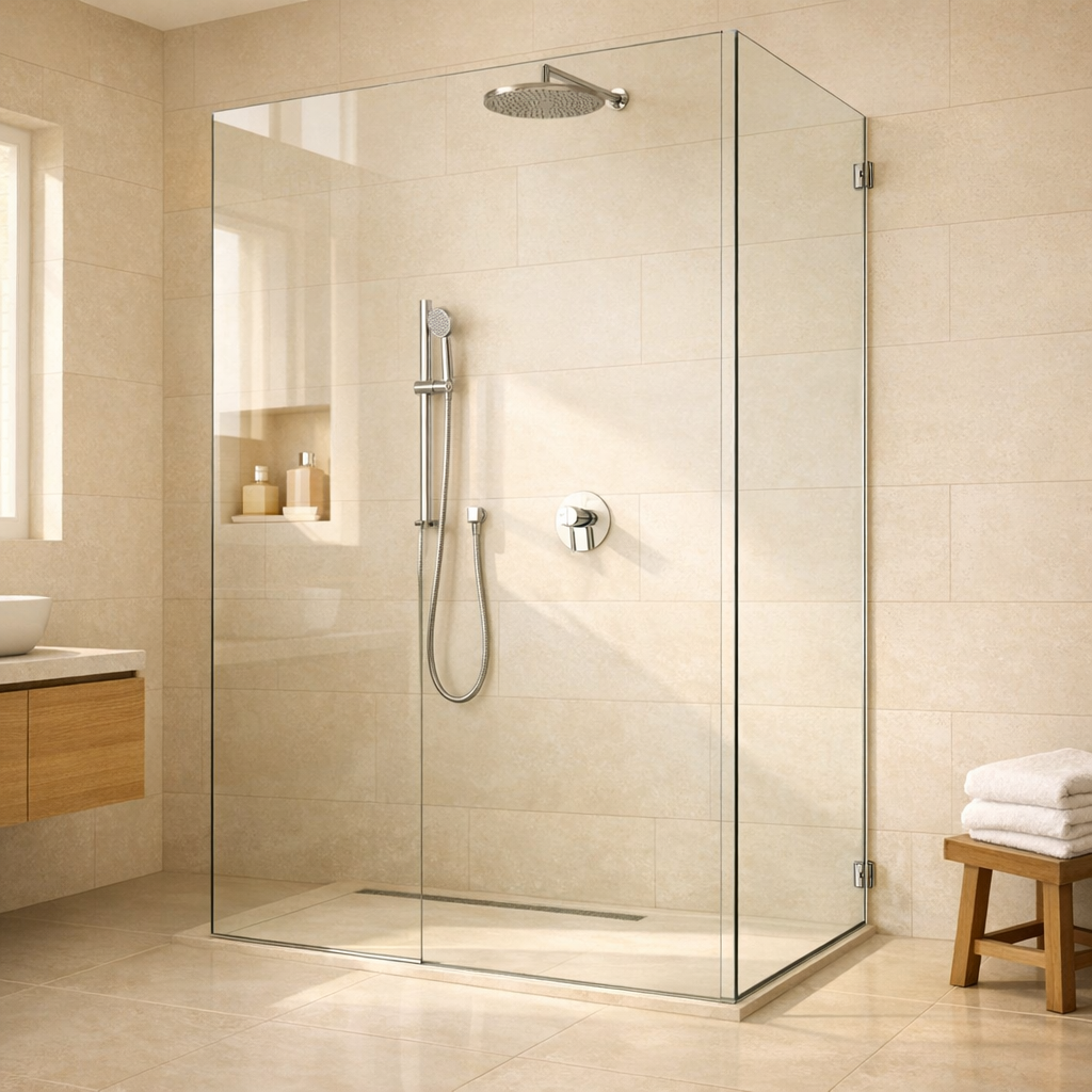 Glasvæg til badeværelse — sort stålramme med sprosser