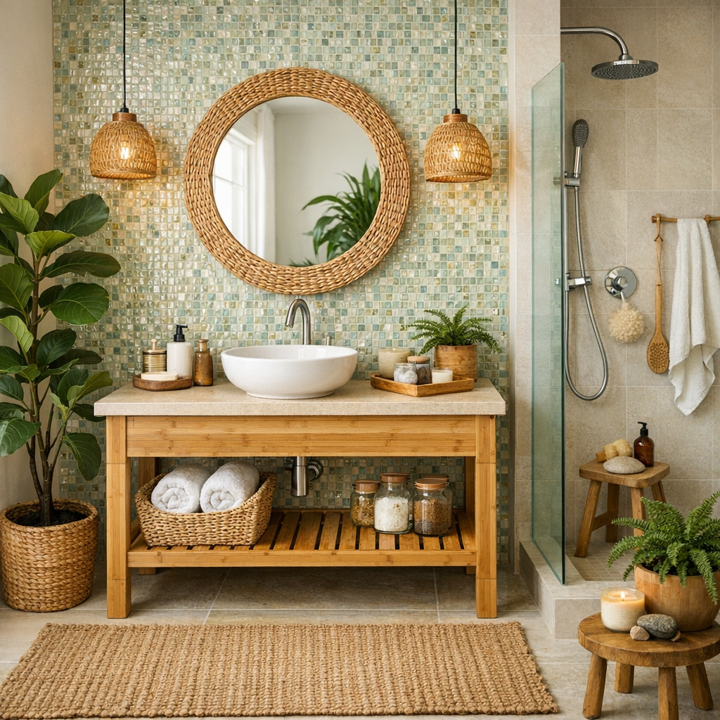 Bæredygtigt badeværelse med genbrugsmaterialer og naturlige toner