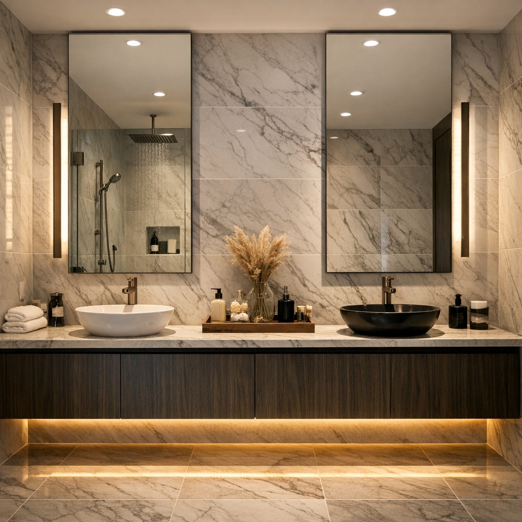 Luksus-badeværelse med dobbelt håndvask og stort spejl