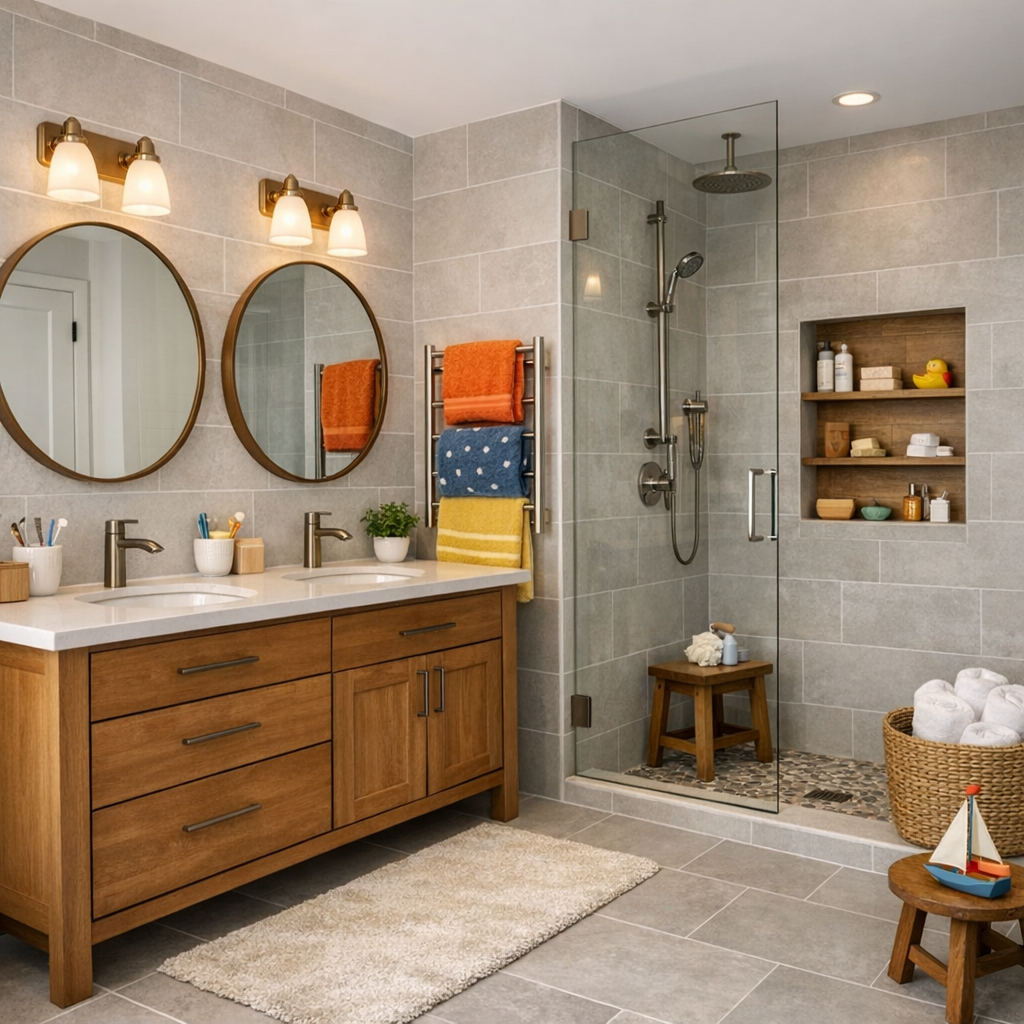 Funktionelt familiebadeværelse med smarte opbevaringsløsninger