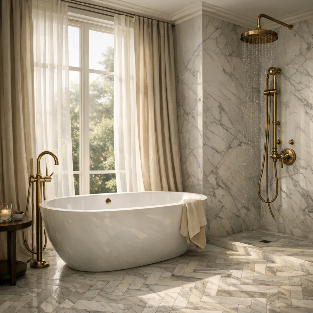 Hotel-inspireret luksus-badeværelse med fritstående badekar