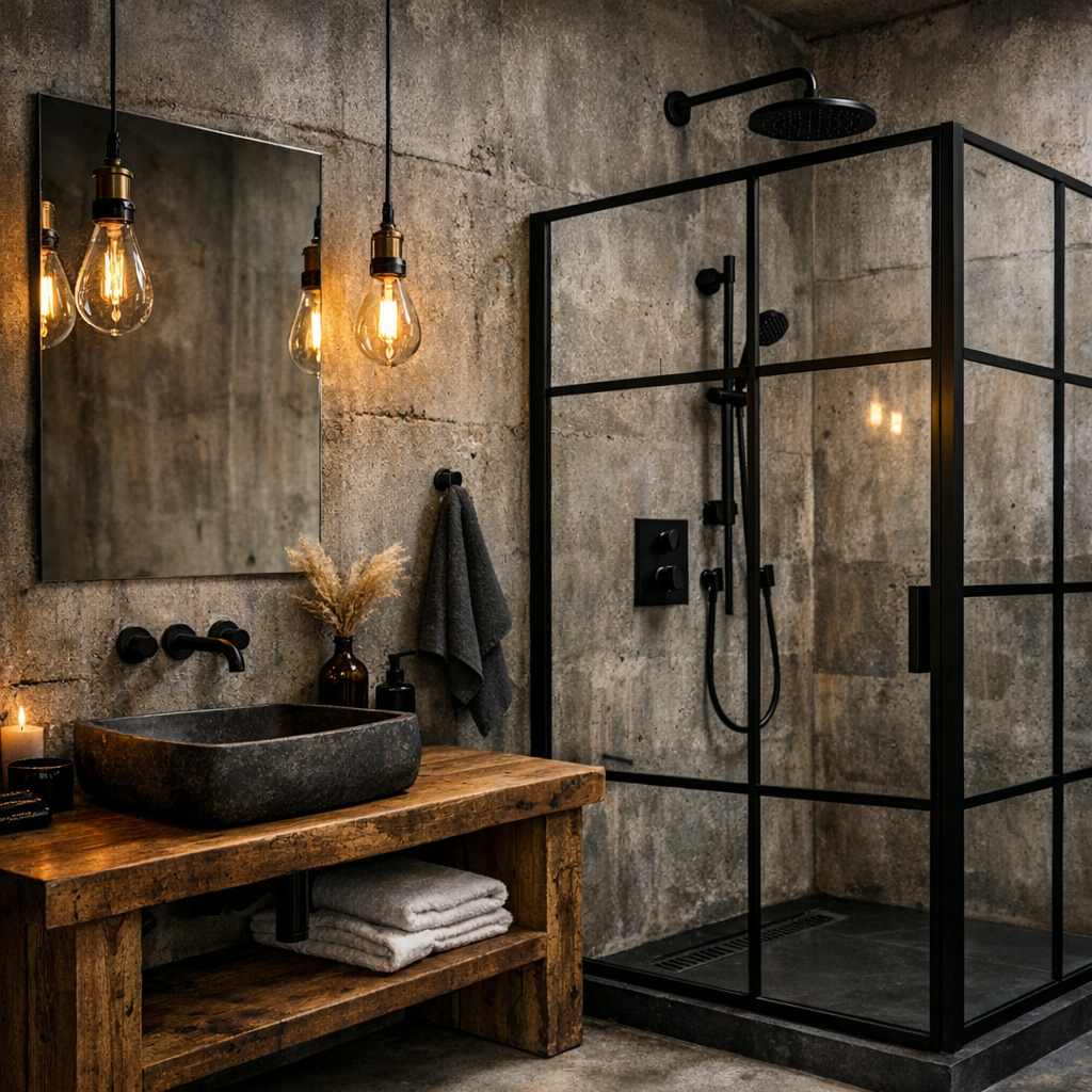 Industrielt badeværelse med rå betonvægge og synlige rør