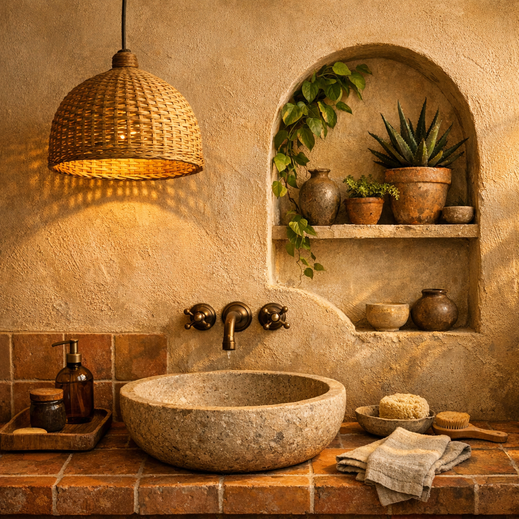 Badeværelse i varme jordfarver med terracotta og sandtoner