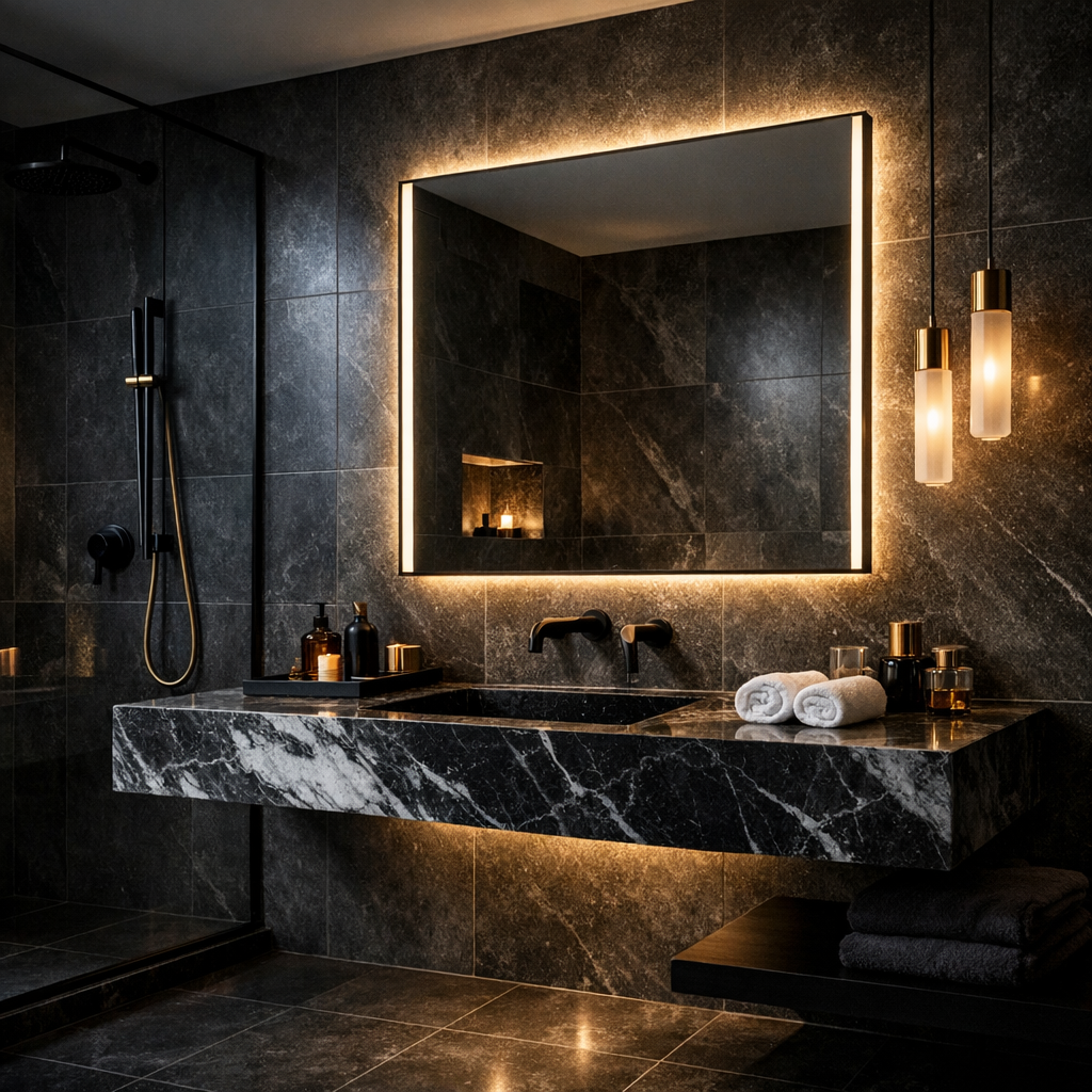 Mørkt luksus-badeværelse med messingarmatur og mørke fliser