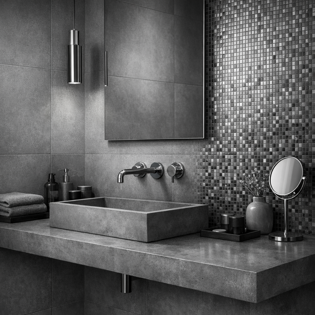 Minimalistisk badeværelse med microcement på gulv og vægge