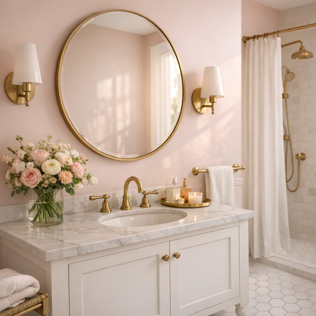 Moderne badeværelse med bløde pastelrosa toner og hvide detaljer