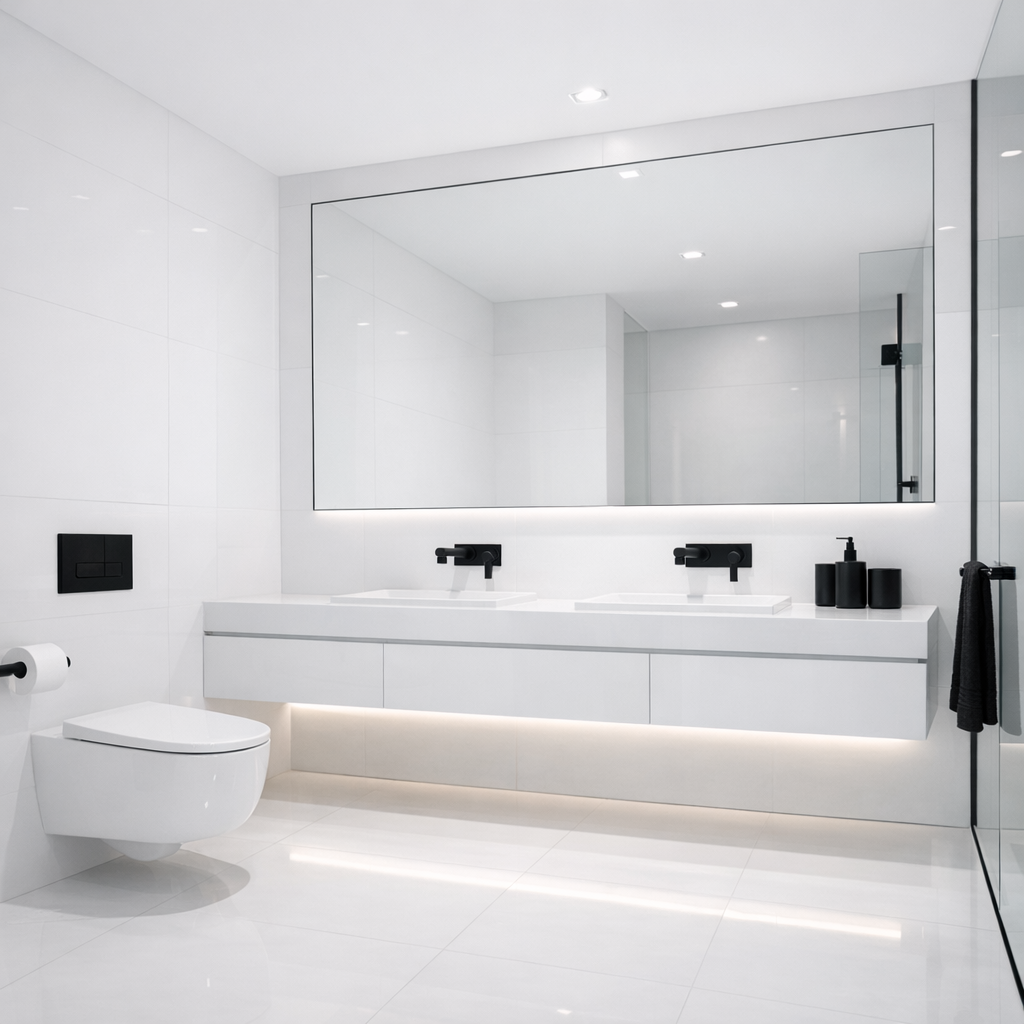 Ultra-moderne badeværelse med sort armatur og hvide fliser